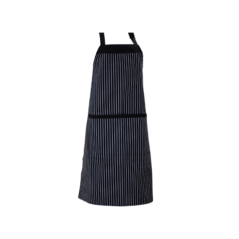 Tablier à col en polyester / coton à rayures en noir et blanc avec poches et boutons réglables