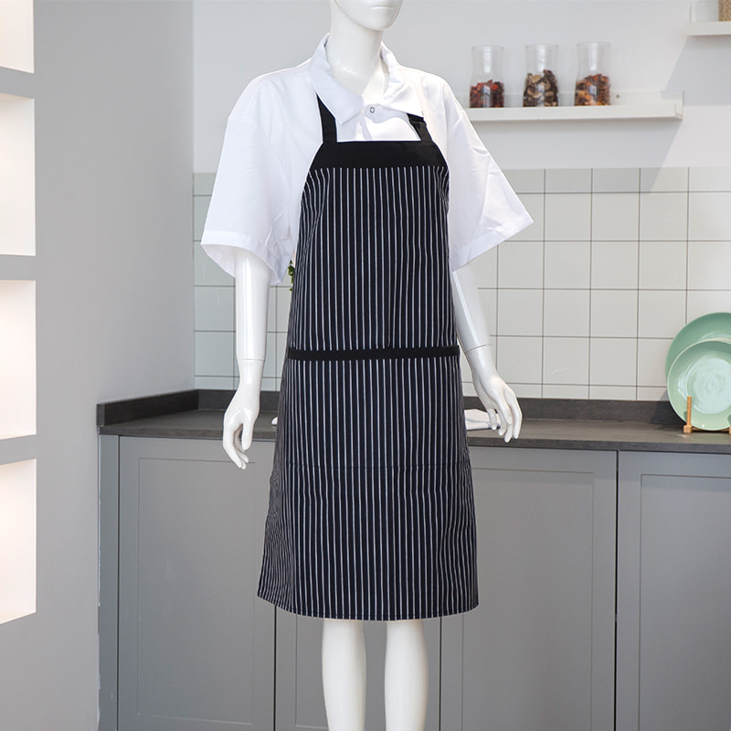 Tablier à col en polyester / coton à rayures en noir et blanc avec poches et boutons réglables