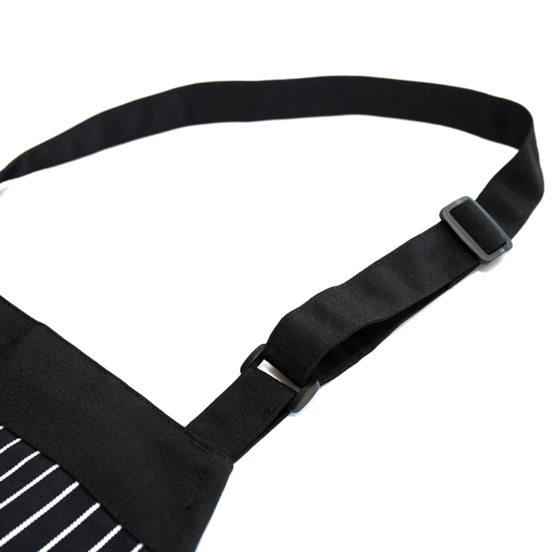 Tablier à col en polyester / coton à rayures en noir et blanc avec poches et boutons réglables