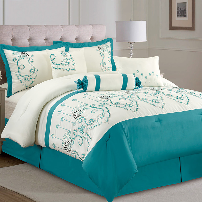 Joan Lake Bleu sur un tissu brossé blanc Broidé