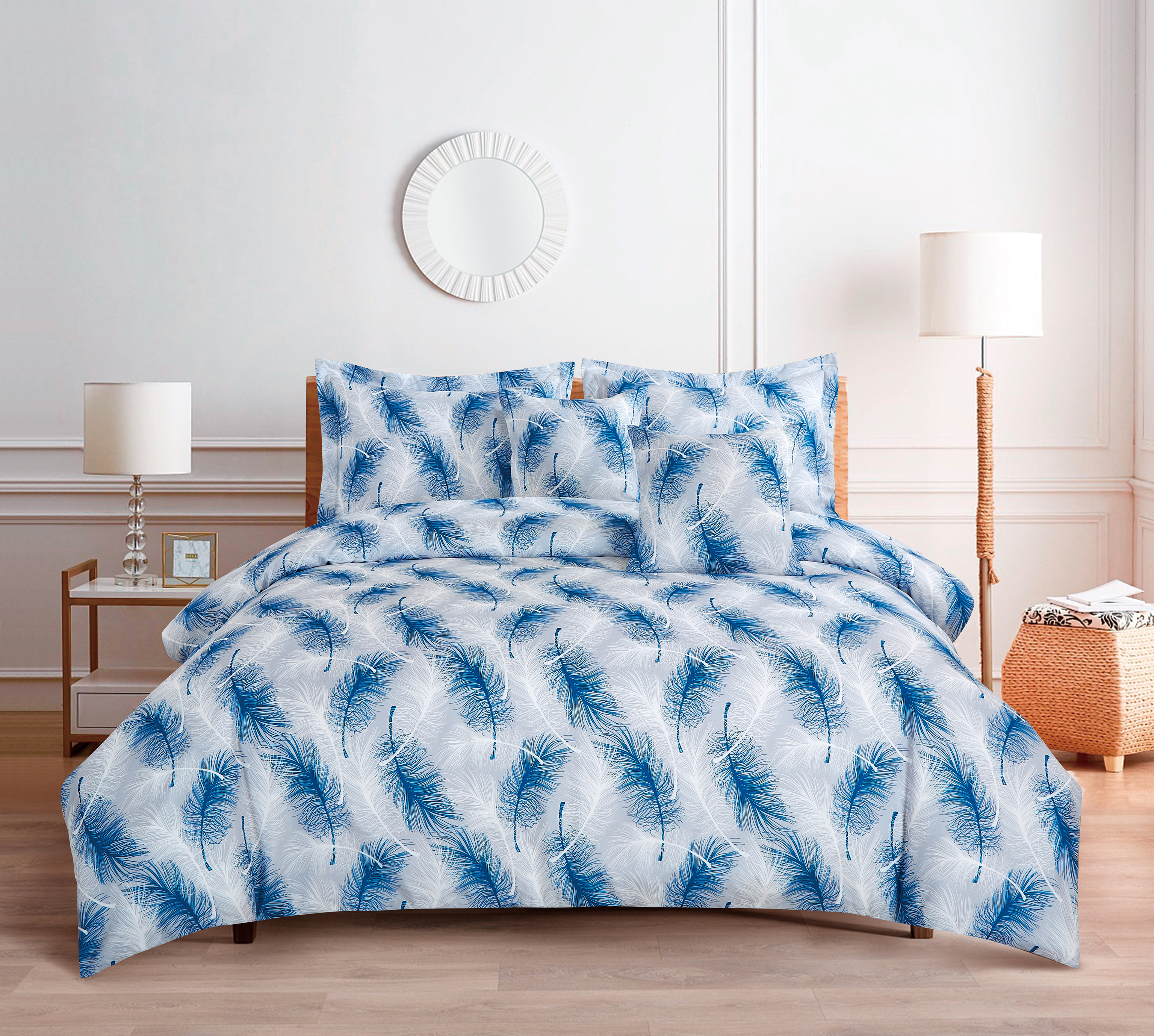 Le kit de lit imprimé en plume bleu et blanc